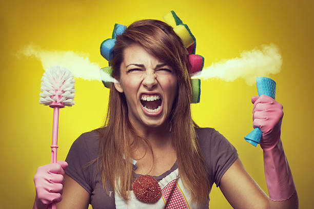 Angry housewife The young maid will go crazy toilet brush photos stock pictures, royalty-free photos & images