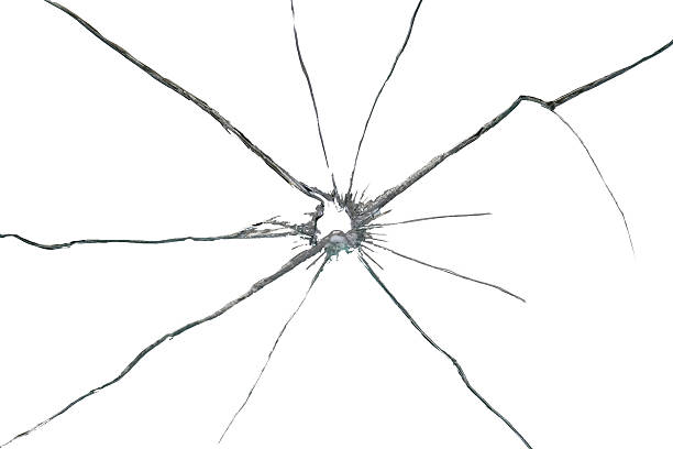 vidro quebrado isolado no fundo branco - bullet hole hole glass destruction - fotografias e filmes do acervo