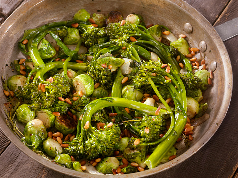 Roasted Broccolini and Brussels sprouts with Garlic and Fresh Herbs in a Pan-Photographed on Hasselblad H1-22mb Camera