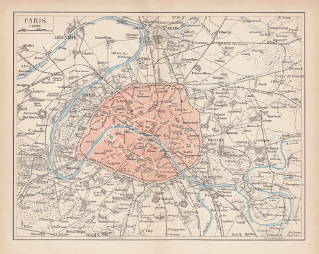 City map of Paris, France. Lithograph, published in 1877.