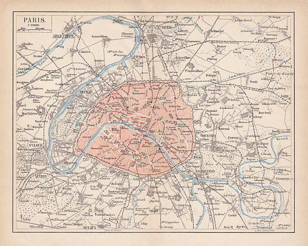 City map of Paris, lithograph, published in 1877 City map of Paris, France. Lithograph, published in 1877. paris stock illustrations