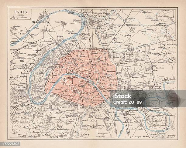 City Map Of Paris Lithograph Published In 1877 Stock Illustration - Download Image Now - Paris - France, Map, City Map