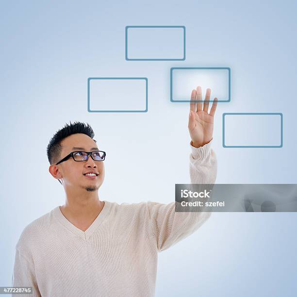 Asian Man Finger Pressing On Touch Screen Monitor Button Stock Photo - Download Image Now