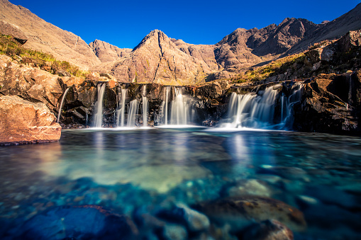 The spectacular turquoise Fairy Pools on the Isle of Skye, Scotland.