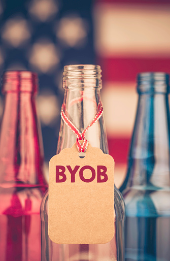 Red, white and blue beer bottles with party message: BYOB