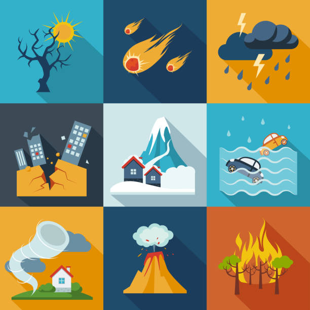 illustrazioni stock, clip art, cartoni animati e icone di tendenza di icone di catastrofe naturale - forza della natura