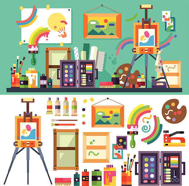 Art studio, tools for creativity and design Art studio interior with all tools and materials for painting and creature.  The source of inspiration for the artist. Preparations for exhibition, paint, pictures, brushes, easel. Vector flat illustration child paintbrush stock illustrations