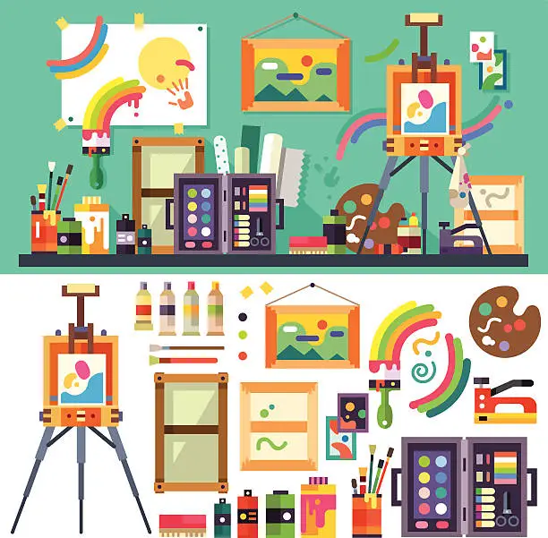 Vector illustration of Art studio, tools for creativity and design