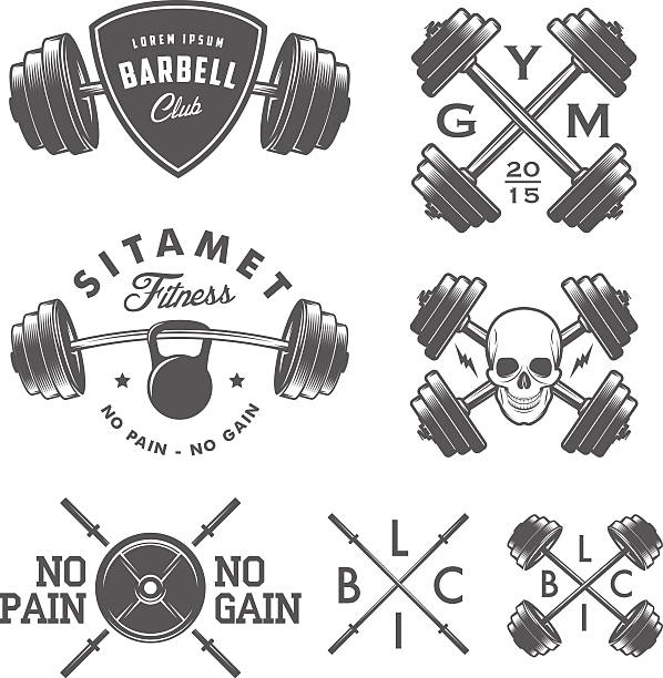 ilustrações, clipart, desenhos animados e ícones de conjunto de etiquetas vintage de ginástica emblems, e elementos de design - barbell