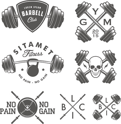 Set of vintage gym emblems, labels and design elements.