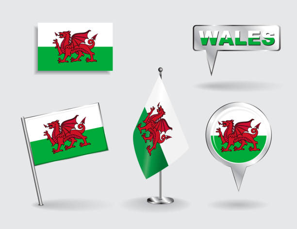 Set of Welsh pin, icon and map pointer flags. Vector Set of Welsh pin, icon and map pointer flags. Vector illustration. welsh flag stock illustrations