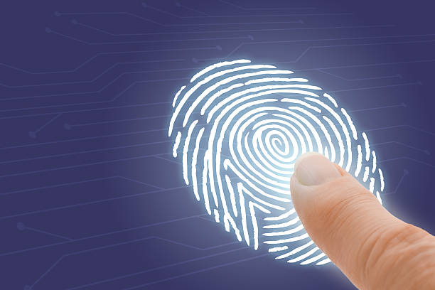 - line de identificação e segurança com o dedo apontando a impressão digital - fingerprint security system technology forensic science - fotografias e filmes do acervo