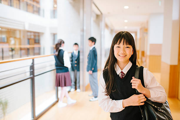Japanese high school. Young student, three friends in the background