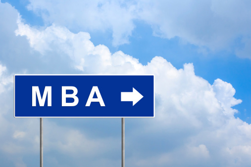 MBA or Master of Business Administration on blue road sign with blue sky