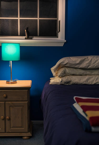 istock Blue Bedside Lamp Shade Dim In Dark Evening Bedroom 477257616