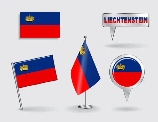 Vector illustration of Set of Liechtenstein pin, icon and map pointer flags. Vector