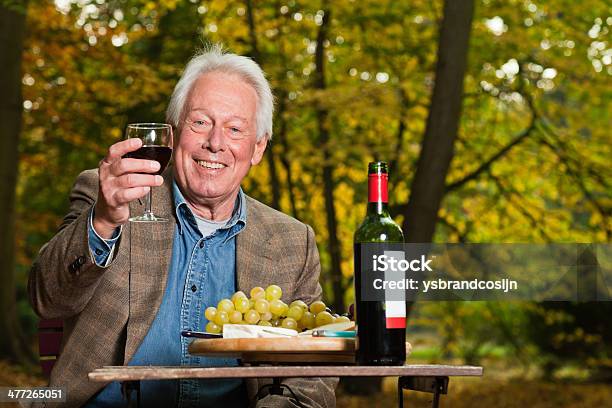 Senior Man Enjoying Red Wine And Cheese In Autumn Forest Stock Photo - Download Image Now