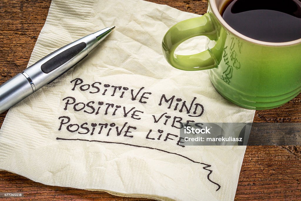 positive mind, vibes and life positive mind,  positive vibes, positive life - motivational handwriting on a napkin with a cup of coffee Positive Emotion Stock Photo