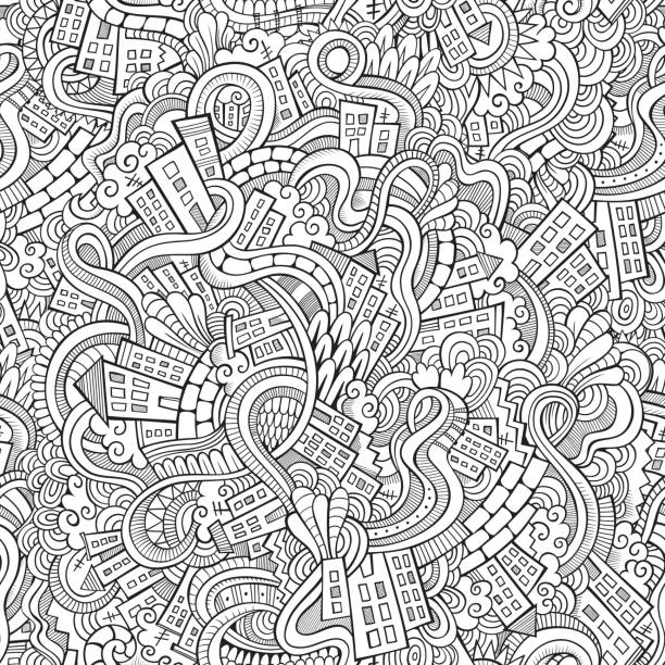 doodles ręcznie rysowane town. bezszwowe wzór - seamless house pattern town stock illustrations