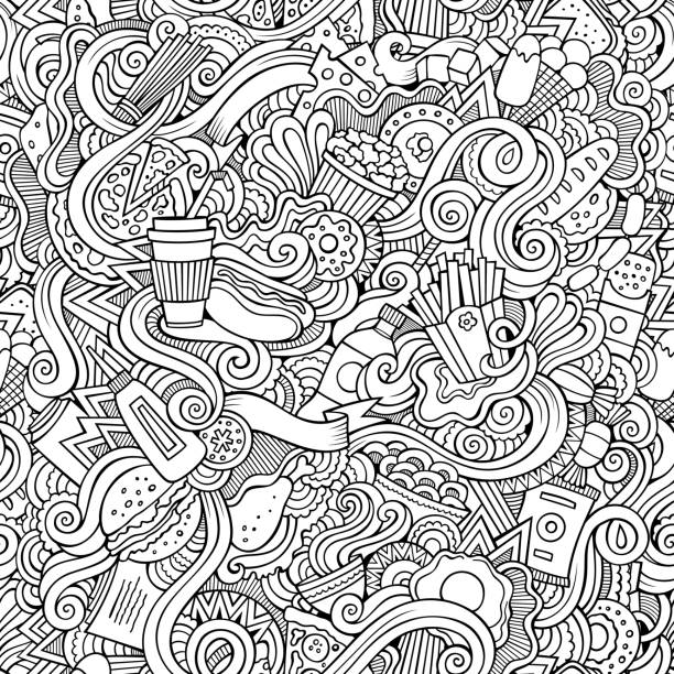 Seamless doodles abstract fast food pattern Cartoon vector doodles hand drawn food seamless pattern steak and eggs breakfast stock illustrations