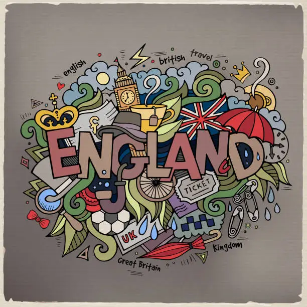 Vector illustration of England hand lettering and doodles elements background