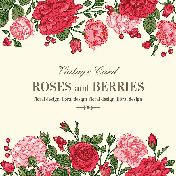 Vintage wedding invitation with pink and red roses on a light background. Vector illustration.