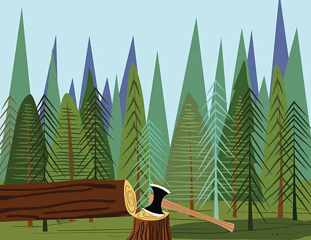 Vector illustration of Axe Stuck In A Chopped Tree in The Forest