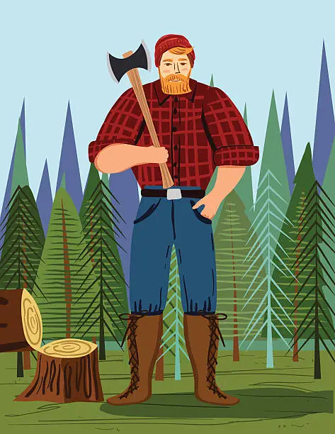 Vector illustration of Paul Bunyan Style Lumberjack In the Woods With An Axe