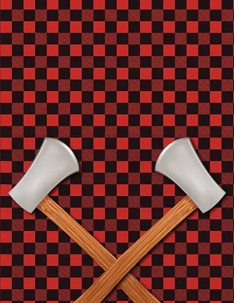 Vector illustration of Two Axes Crossed On A Red and Black Flannel Background