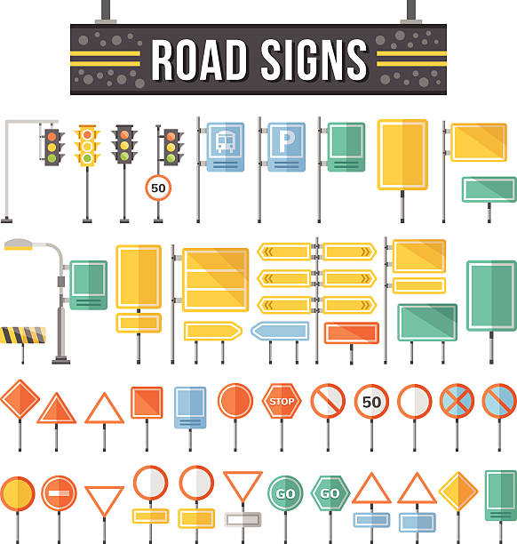 평편 도로 표지판을 설정합니다. 교통 신호 그래픽 요소 - directional sign illustrations stock illustrations