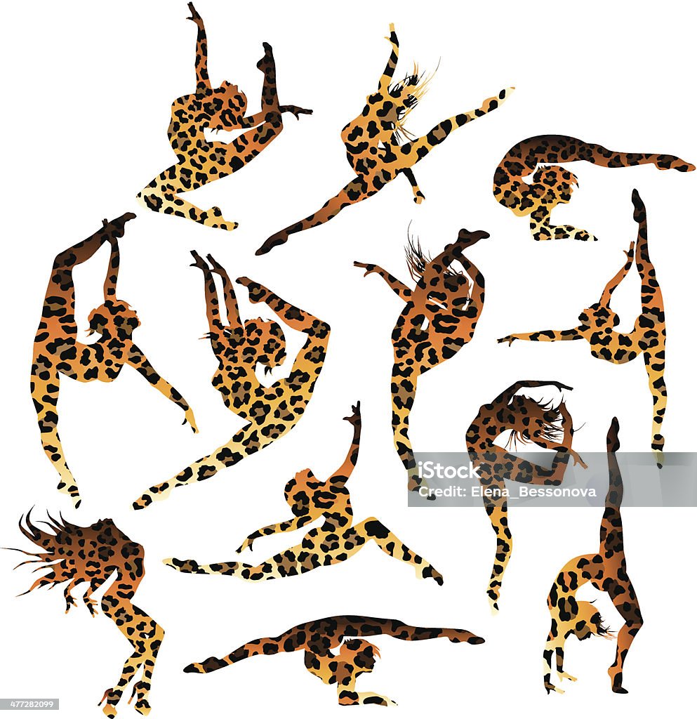 Gymnast's silhouettes Set of 12 gymnast's silhouettes in leopard print Activity stock vector