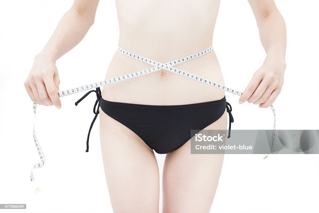 Woman measuring her waist Woman measuring her waist isolated on white background Bikini Stock Photo
