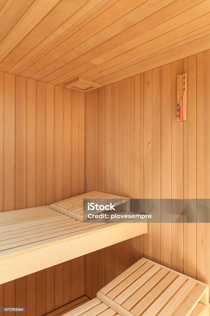 Interior of a wooden sauna Interior, wooden sauna of a modern house Log Cabin Stock Photo