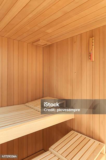 Interior Of A Wooden Sauna Stock Photo - Download Image Now - Log Cabin, Sweat, 2015