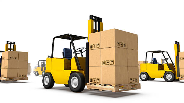 istock Low angle view of forklifts with boxes 477294769
