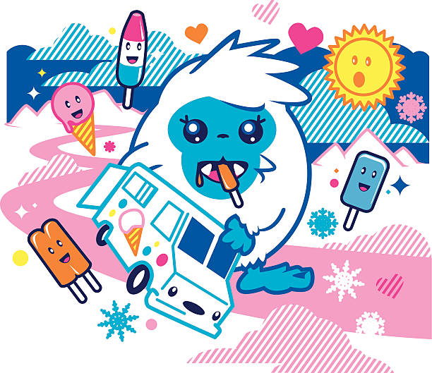 Yeti Snacks A cute abominable snowman stealing treats from an ice cream truck stealing ice cream stock illustrations