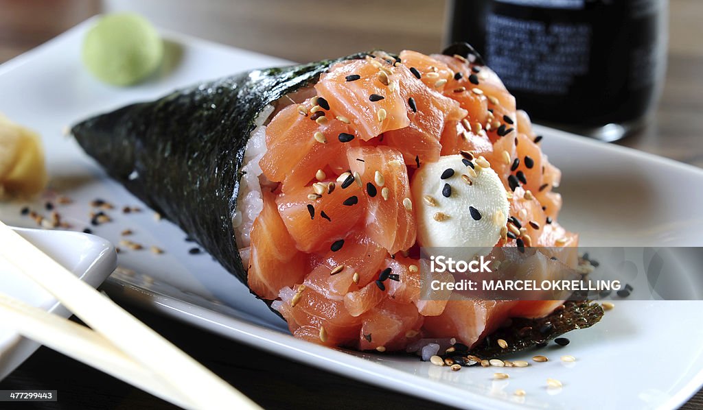 Temaki Temaki blank plate with sesame Hand Roll Stock Photo