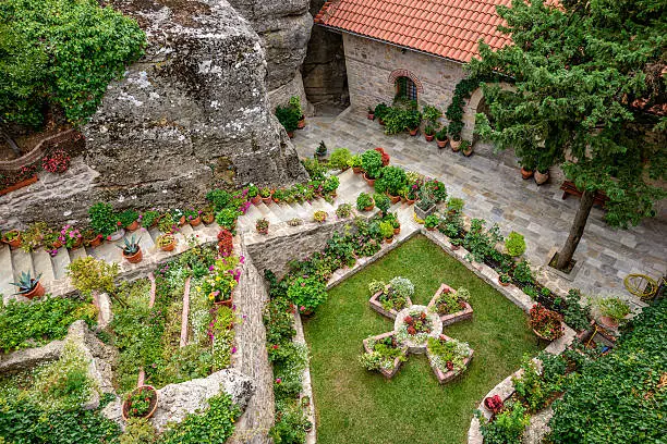 Courtyard of the Holy Monastery of Rousanou in Meteora rocks. Greece