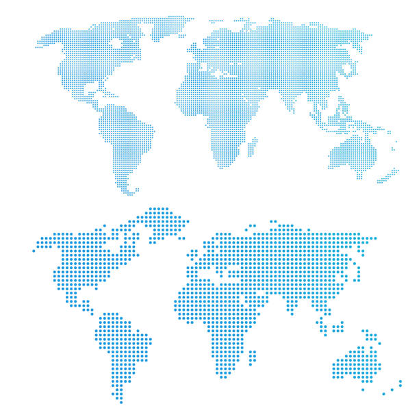 illustrazioni stock, clip art, cartoni animati e icone di tendenza di mappa del mondo di punti, blu colore. - collegare i puntini