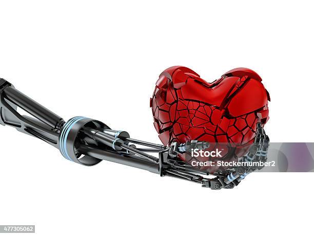 Broken Heart In Hand Of Robot On White Background Stock Photo - Download Image Now - 2015, Artificial, Chrome