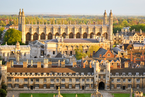 Panoramic view of several College buildings in Cambridge, seen from the tower of St. John's College