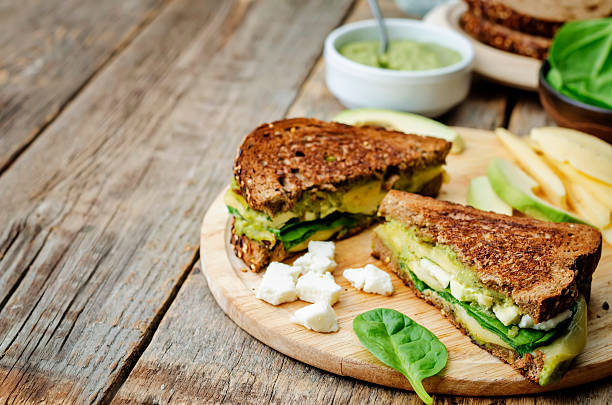 istock grilled rye sandwiches with cheese, spinach, pesto, avocado and goat cheese 477311994