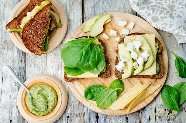 istock grilled rye sandwiches with cheese, spinach, pesto, avocado and goat cheese 477312000