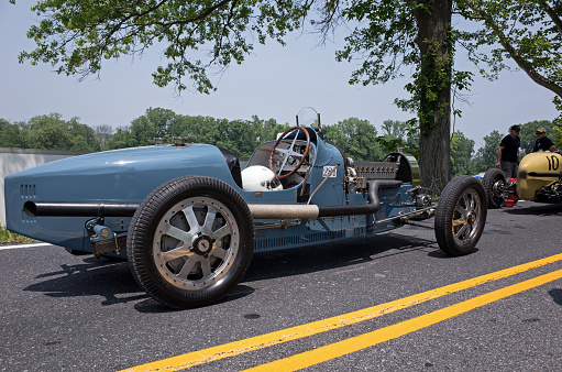Hershey, PA, USA-June 12, 2015:  One of two 1929 Bugatti Type 45 cars built on display at The Elegance at Hershey. The 16 cylinder engine makes it special with two crankshafts and two superchargers.