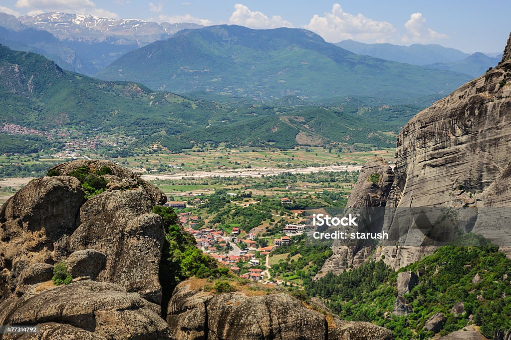 Kalabaka town view from Meteora rocks, Greece Kalabaka town bird view from the Meteora rocks, Greece 2015 Stock Photo