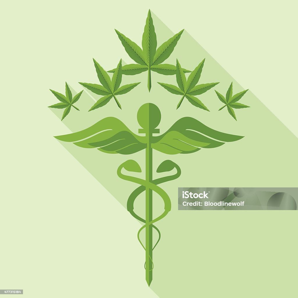 Medical Marijuana Concept and Caduceus Medical Marijuana Concept. Marijuana Leaves over a medical caduceus symbol. There is a long shadow to the right. Green color scheme 2015 stock vector