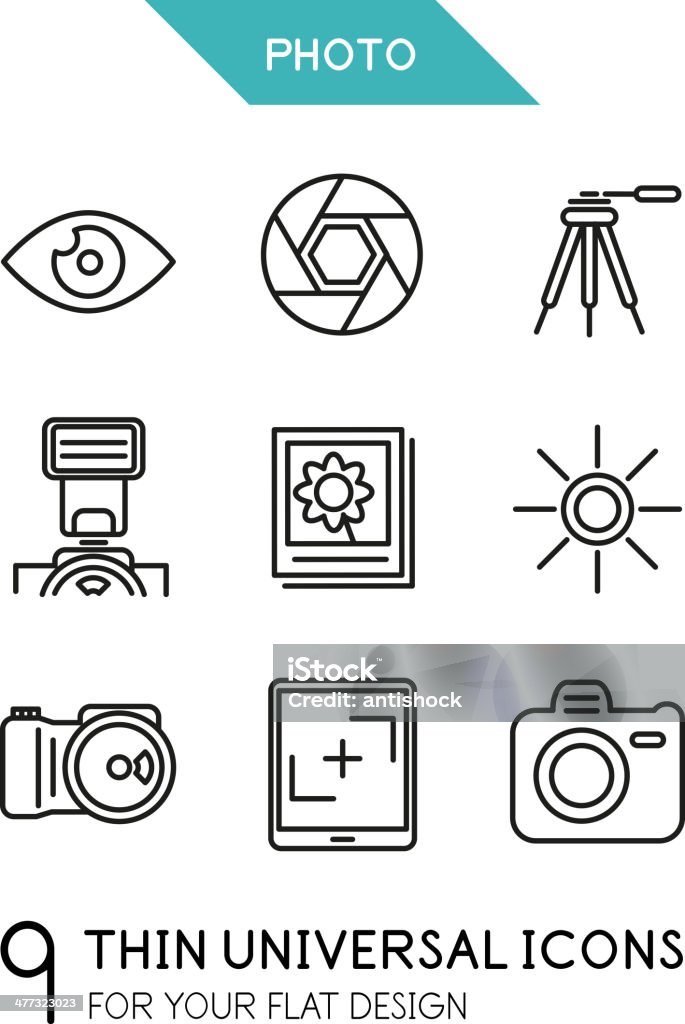 Colección de iconos de línea fina de fotografía de moda - arte vectorial de Aplicación para móviles libre de derechos
