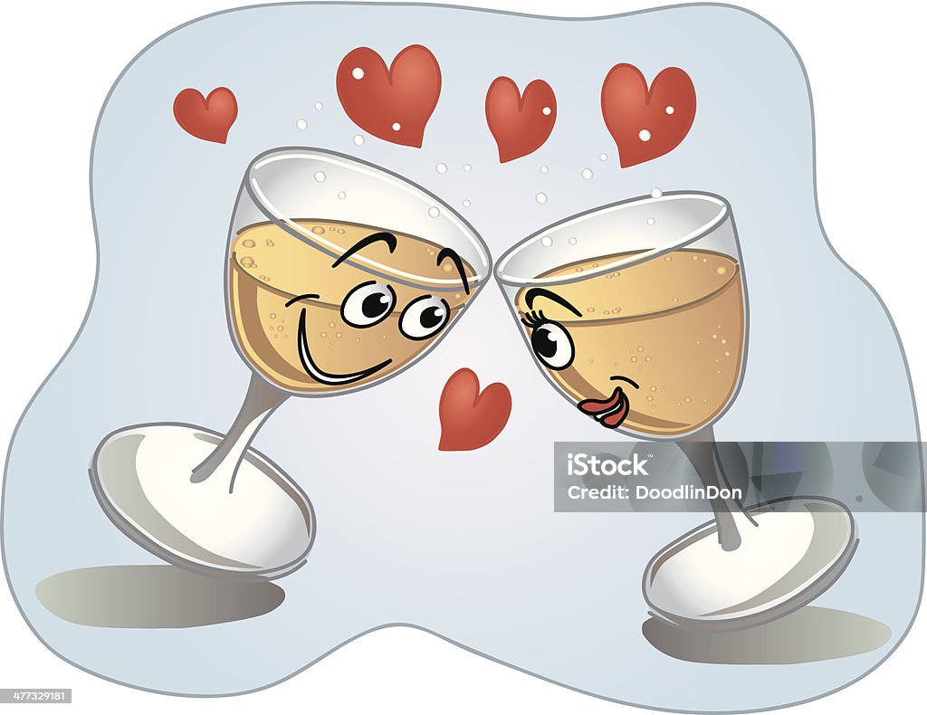 Drinking Glasses with Faces, Looking at Each Other Amongst Hearts A pair of champagne glasses with faces, looking at each other and in love... with hearts all around them. Celebration stock vector