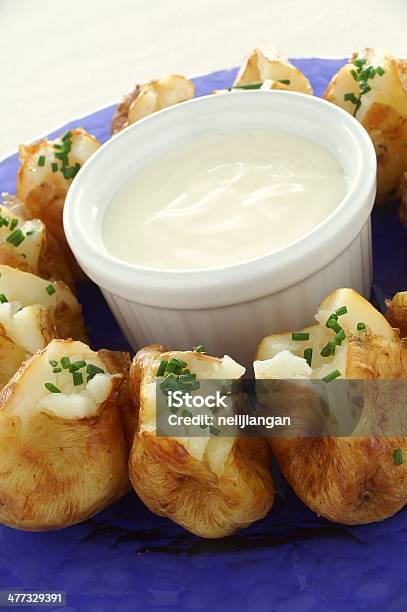 Mini Baked Potatos With Sour Cream Dip Stock Photo - Download Image Now - Baked, Baked Potato, Blue
