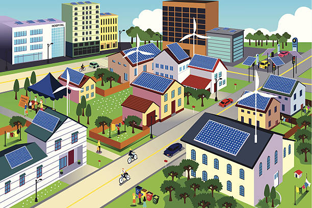 ilustrações de stock, clip art, desenhos animados e ícones de cena de cidade verde ambiental simpática - man energy turbine